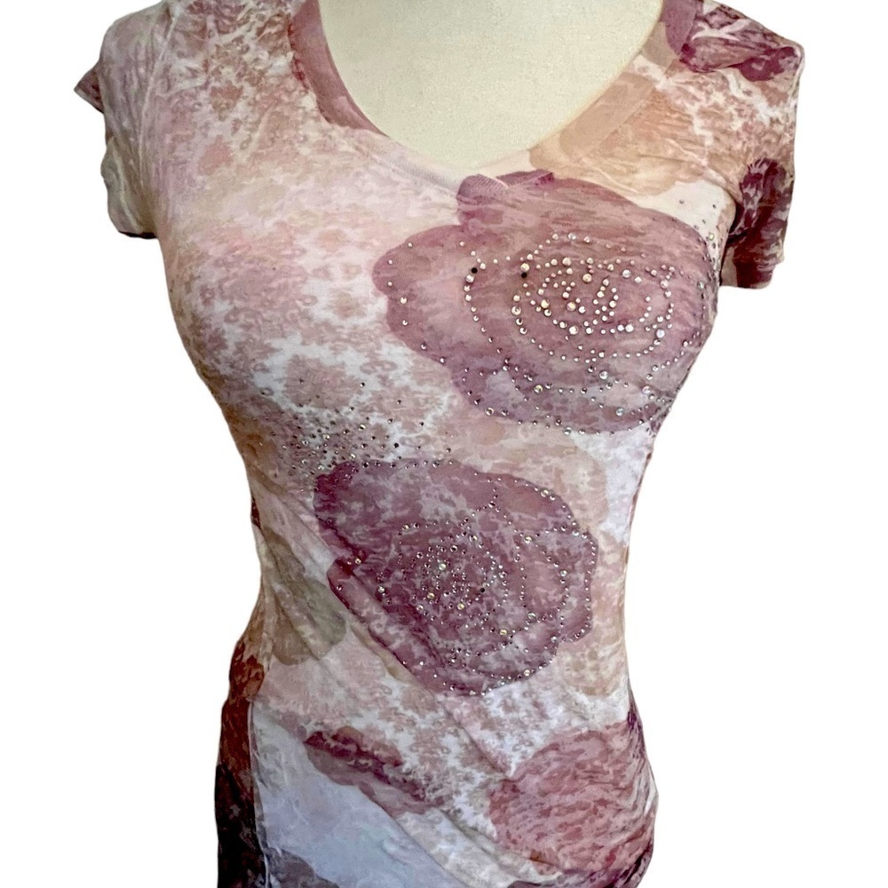 Party Decorated vee-neck tee shirt, semi sheer cotton blend.